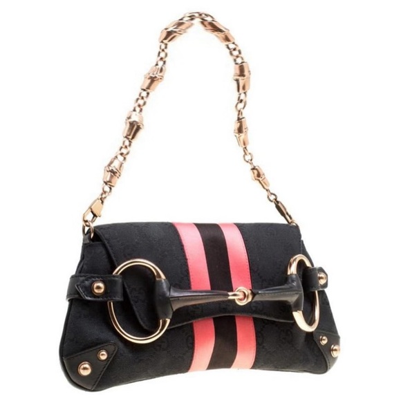 AUTH GUCCI HORSEBIT shoulder bag black pink stripe monogram stud bamboo detail - Picture 3 of 16